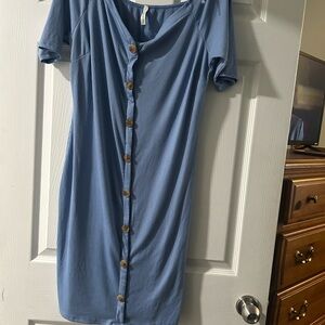 Blue Button-Down Ribbed Dress